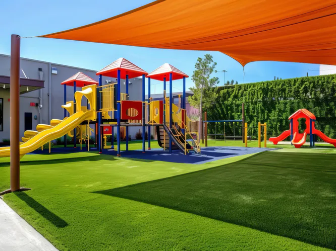 Colorful playground built on soft artificial turf